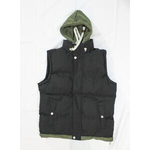 New Black Quilted Hooded Puffer Gilet Men's Streetwear Green Lining Large/XL